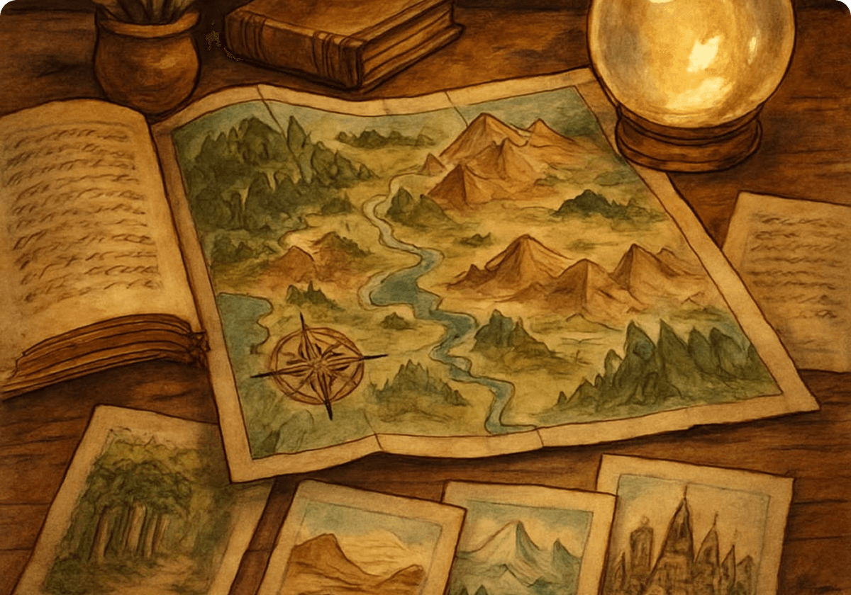 An illustrated fantasy map surrounded by an archivist's field notes
