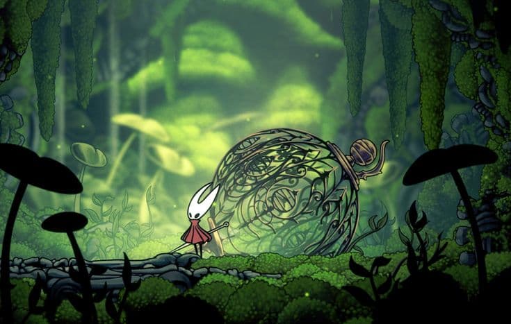 An Archivist encountering a mysterious creature in a luminous forest