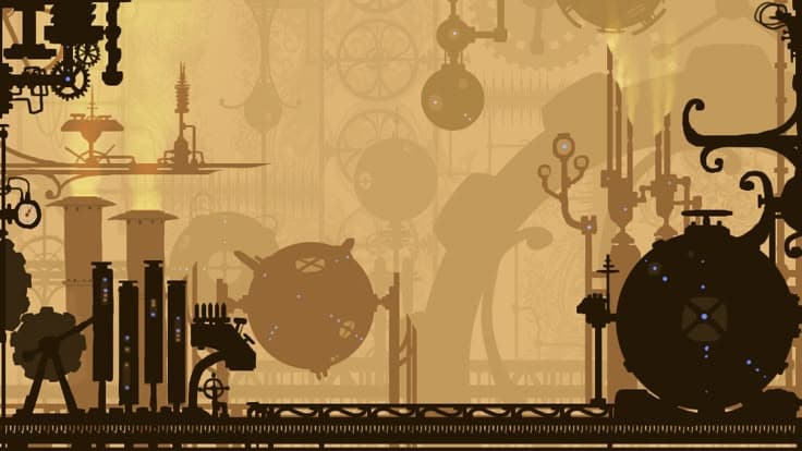 Silhouetted alchemical machinery and figures inside a golden archive