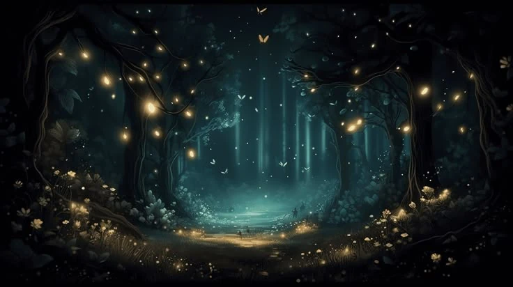 A lantern-lit forest clearing at night, fireflies drifting between the trees