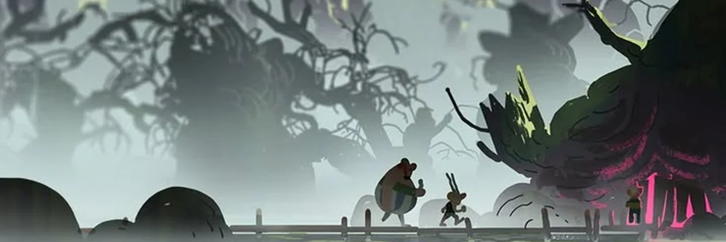 Chronikin travellers crossing a rope bridge through a mist-filled forest of blackened trees